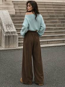Women's Vintage Brown Corduroy Wide Leg Pants With Pockets, Button Closure Design, Comfortable And Fashionable For Autumn - Coffee Brown - View 3