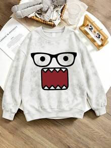 1pc Round Neck Printed Eyes & Mouth Pattern Sweatshirt, New Autumn/Winter Comfortable Top - White - View 4