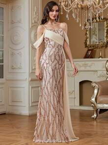 hezixi Sequin Spaghetti Strap Chiffon Flowing Evening Gown - Champagne - View 7