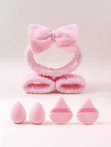 Set Aksesori Makeup Pink 7 Buah, Spons Makeup, Ikat Rambut, untuk Makeup Wajah, Mencuci Muka, Perawatan Kulit, Alat Kosmetik Serbaguna Basah & Kering - Berwarna merah muda - View 6