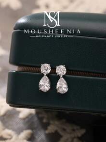 MOUSHEENIA 925 Sterling Silver Moissanite Drop Earrings, Round & Pear Cut Two Stone Dangle Design, Elegant Bridal Wedding Jewelry Gift For Women - Round + Teardrop - View 3