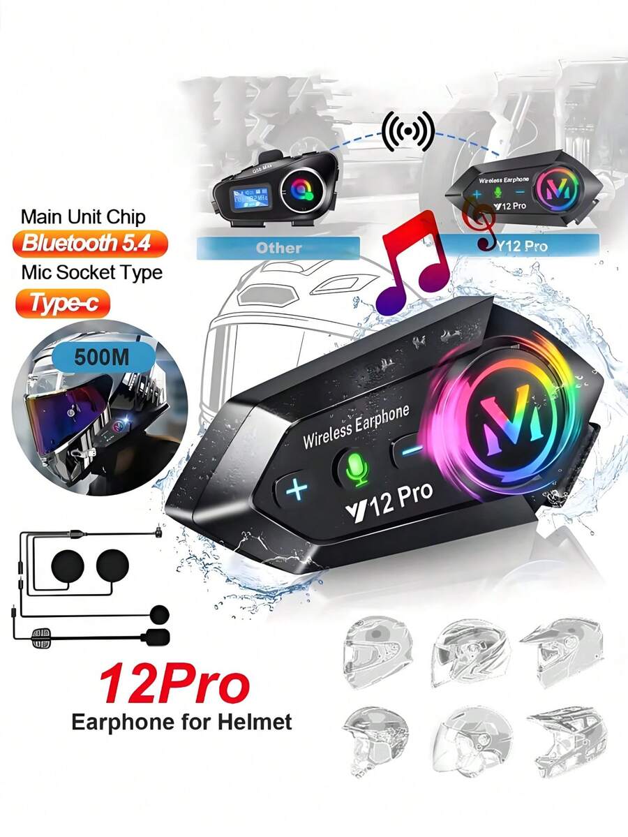 Y12 Pro Helmet Headset Bluetooth 5.4 Waterproof 500m Intercom Headset Speaker Wireless Hands-Free Helmet Headset Suitable For Motorcycle Helmet, Outdoor Cycling