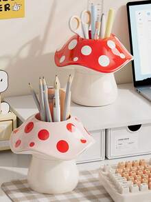 Vigour Summer Cute Mushroom Shaped Pen Holder, Multi‑Purpose Desk Storage Organizer, Cartoon Makeup Brush Cup, Desktop Stationery Storage Box For Home Office Study Room, Multi‑Function Makeup Brush Container, Cute Desk Stationery Organizer For Study Office - Multicolor - View 6