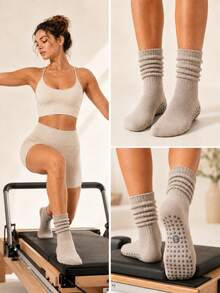 3/6 Pairs, Random Colors,Women's Pilates Grip Socks, Non-Slip Ribbed Slouch Crew Socks For Yoga, Barre & Home Workouts - Multicolor - View 5