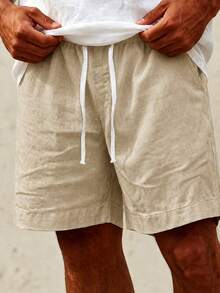 Men's Casual Shorts With Elastic Waist And Drawstring, Lightweight Summer Beach Pants - Khaki - View 4