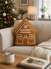 Brown Gingerbread House Shaped Holiday Decorative Pillow, White Frosting Pattern, For Christmas Living Room Sofa - Orange - View 4
