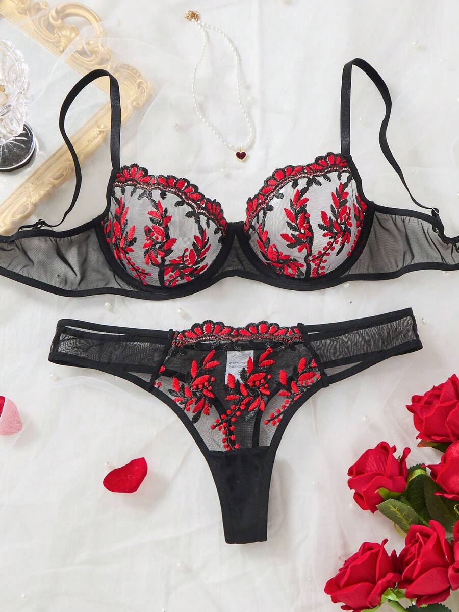 Black Red Gothic Floral Embroidery Lingerie Set, Halloween Dark Rose Sheer Mesh Underwire Bra, Adjustable Thin Strap Mid-Rise Brief Panties - Black - View 1