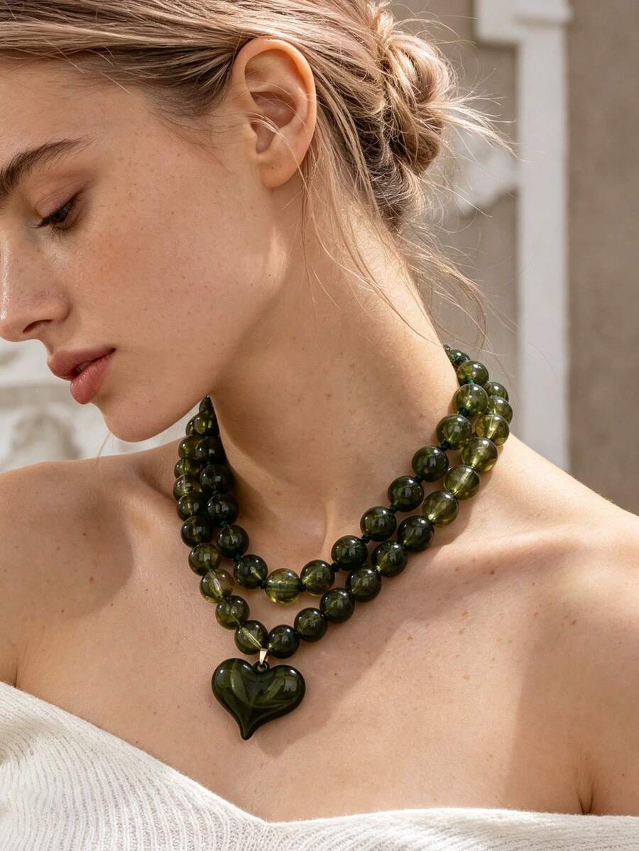 OABE 2pcs/Set Kalung Manik-Manik Hijau Bertekstur Gaya Bohemian dengan Liontin Hati, Cocok untuk Pemakaian Sehari-hari Wanita, Aksesori Hadiah Liburan/Ulang Tahun - Hijau Tentara - View 1