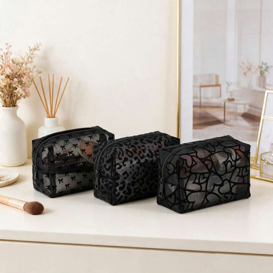 1pc Women's Mesh Breathable Makeup Bag, Multiple Pattern Colors Available, Portable Lipstick Touch-Up Storage Bag, Suitable For Daily Use And Carrying - Black - View 1
