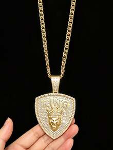 2pcs Shield KING Hip Hop Punk Necklace Exaggerated Men's Gold Chain Set, Vintage Punk Style, Suitable For Party, Gathering, Halloween, COS - Gold - View 4