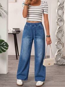 1 buah Celana Jeans Denim Kasual dengan Motif Kumis Kucing dan Tali Serut, Cocok untuk Sekolah, Liburan, Pakaian Sehari-hari Sepanjang Musim, Kostum Halloween, Akhir Pekan Halloween, Keseruan Halloween - Medium Wash - View 2