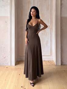 Women's Casual V-Neck Spaghetti Strap Maxi Dress, Flowy Flared Swing Long Party Gown For Birthday, Vacation, Holiday Events, Brown - Brown - View 5