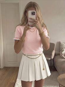 Jersey de punto de manga corta con cuello redondo, volantes y bloques de color, estilo casual de verano para mujer, color rosa - Rosa - Ver 9
