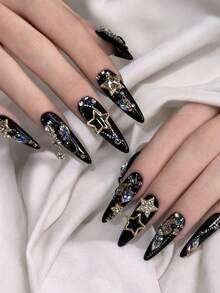 90 PCS Star Nail Charms Boxed Gold Silver Alloy 3D Rhinestone Star Nail Art Decor Multi‑Style Hollow Pentagram Nail Jewels DIY Manicure Accessories - Multicolor - View 9