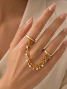 Ins Vintage Style Open Wide Ring Connected Bracelet Ring With Multiple Dangles, Rhinestones And Gold Beads, One-Piece Double Finger Ring - Pendants - View 1