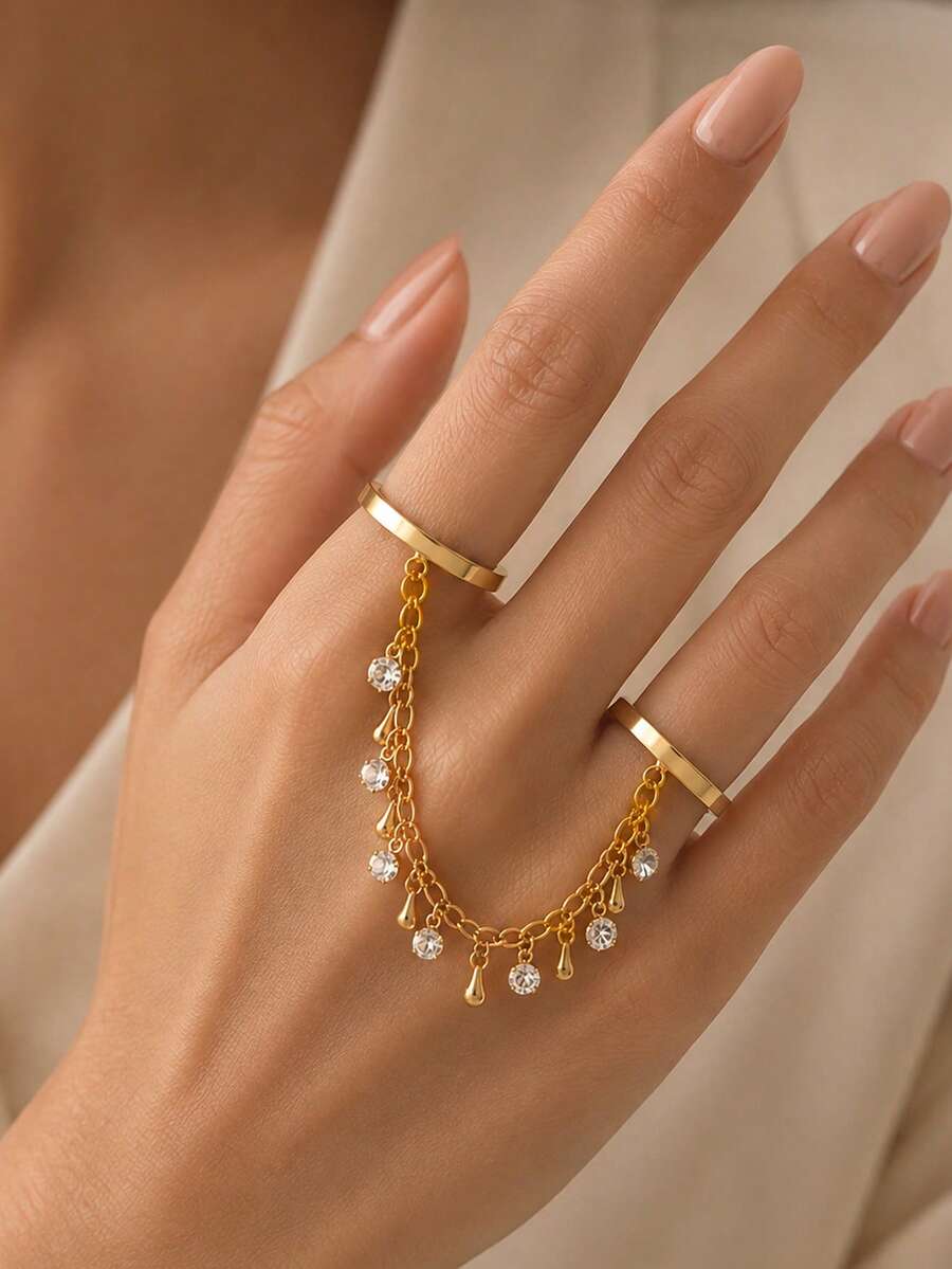 Ins Vintage Style Open Wide Ring Connected Bracelet Ring With Multiple Dangles, Rhinestones And Gold Beads, One-Piece Double Finger Ring - Pendants - View 1