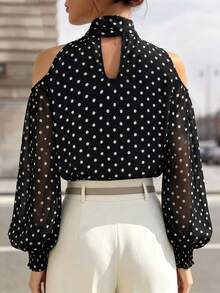 1pc 2026 New Women's Fashion Mature Casual High Neck Ribbon Design Polka Dot Cold Shoulder Chiffon Blouse, Black Polka Dot Shirt, High-End Workplace Commute Vintage Shirt, Daily Office Autumn/Winter Inner Layer Blouse - Black - View 2