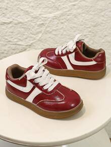 Girls' Burgundy Colorblock Striped Lace-Up Retro Gum Sole Versatile Casual Sneakers - Burgundy - View 4