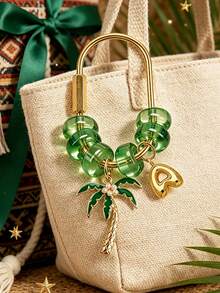 Palm Tree Golden Letter Pendant Keychain, Green Transparent Bead U-Shaped Keychain Ring, Arabic Theme Women's Pendant, Multi-Functional Decoration For Handbags, Backpacks, Car Keys, Wallets, National Day Party Gift And Souvenir, Suitable For Christmas, Thanksgiving, New Year, Birthday Gifts - Multicolor - View 3