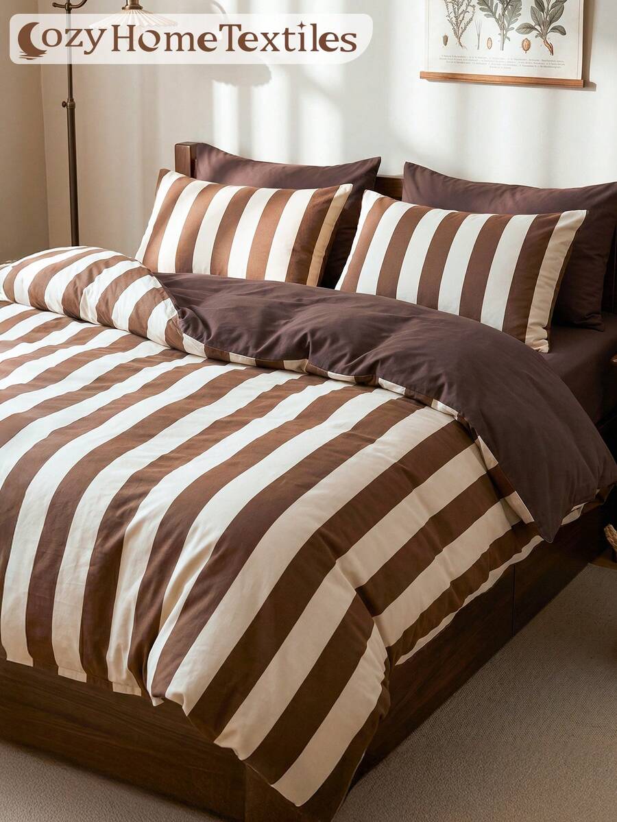2/3pcs Brown Striped Duvet Cover Set, Bedding Set, Comfortable & Breathable, Lightweight & Anti-Pilling, Machine Washable, Room Decor, Bedroom Decor, Dorm Bedding, Suitable For All Seasons, Fits Twin/Full/Queen/King/California King Bed, Autumn Home Decor