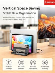 Lenovo WL02 Vertical Laptop Storage Stand, Steel & Aluminum Adjustable Width, Multi-Surface Silicone Protection, Desktop Multi-Device Organizer - View 3