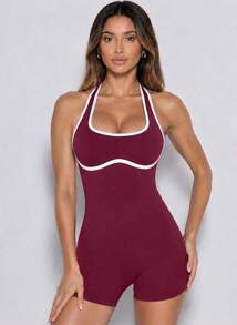 Never me Women's Sports Shorts Yoga Pilates Romper Round Neck Back Cutout Contrast Trim Ruched Waist Tight Fit - Burgundy - View 3