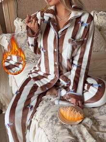 2pcs/Set Women's Winter Striped Dachshund Pattern Plush Thick Thermal Lined Turn-Down Collar Long Sleeve Top & Long Pants Pajama Set - Brown - View 1