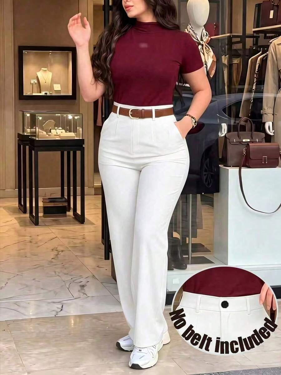 Women's Polyester Long Straight Leg Pants, Versatile Non-Stretch Trousers, Suitable For Autumn Daily Wear White - White - View 1
