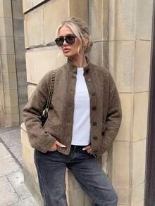 Women's Vintage Brown Knit Cardigan, Stand Collar Front Button Design, Long Sleeve Regular Fit, Suitable For Autumn/Winter - Chocolate Brown - View 11