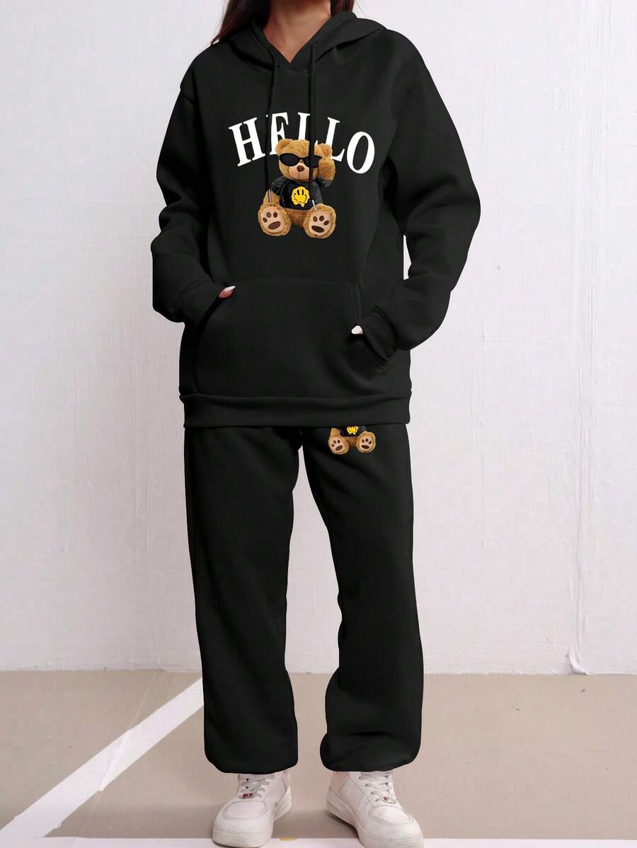 Women's 2 Pieces Sports Set, HELLO Cool Bear Print Drawstring Hoodie And Sweatpants Set, Casual Comfortable Loungewear Set. - Black - View 1