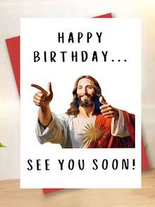 1pc Meme Style Humorous Religious Theme "See You Soon" Birthday Card, Includes Envelope, Thick Matte Writable Paper, Casual Handwritten Font Minimalist Jesus Portrait Design, Suitable For Lighthearted Satirical Celebration Card - Multicolor - View 1
