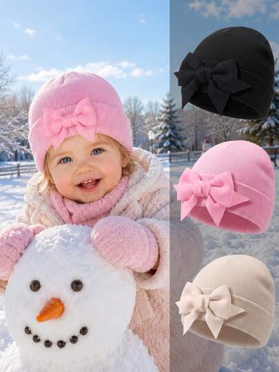 3pcs Baby Beanie With Bow Infant Newborn Toddler Kids Winter Warm Knit Cap For Girls Boys Stretchable Beanie Growing Hat Age 6M-6Y