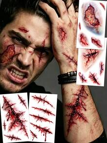 4pcs Red Trauma Scar Temporary Tattoo Stickers, Waterproof Realistic Wound Blood Fake Tattoos, Body Art For Men And Women, Suitable For Halloween, Costume Parties And Pranks - Red - View 1