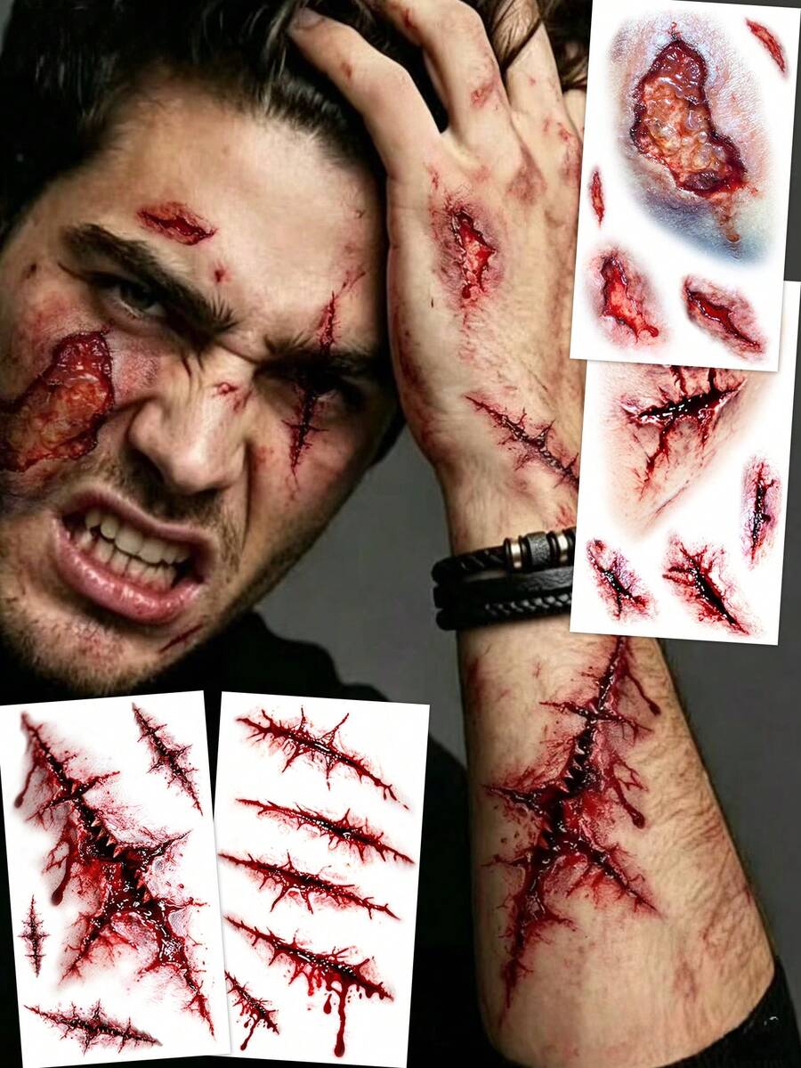 4pcs Red Trauma Scar Temporary Tattoo Stickers, Waterproof Realistic Wound Blood Fake Tattoos, Body Art For Men And Women, Suitable For Halloween, Costume Parties And Pranks - Red - View 1