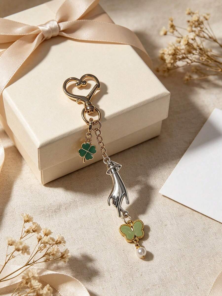 Heart-Shaped Lobster Clasp, Hand-Holding Heart Shape, Four-Leaf Clover, Butterfly, Imitation Jade Pendant Keychain; A Unique And Gentle Bag Charm. - Multicolor - View 1