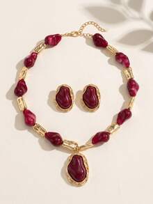 3pcs Creative Personalized Metal Style Necklace & Earrings Jewelry Set For Women, Vintage Bohemian French Asymmetrical Tie-Dye Asymmetric Faux Pearl Pendant, Asymmetric CCB Beaded Collarbone Chain, Daily, Holiday Gift, Banquet, Vacation, High-End Luxury Gift Accessory - Red - View 5