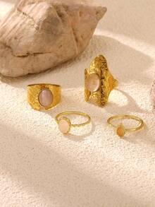 4pcs Vintage Pink Opal Rings For Women, Stainless Steel Gold Geometric Rings, Birthday Party Jewelry Gift - Multicolor - View 3