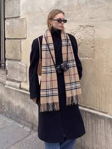1pc Classic Couple Striped Plaid Knit Scarf, Versatile Tassel Shawl For Autumn/Winter, Atmospheric Warm Neck Warmer, Suitable For Seasonal Transitions And Daily Wear - Khaki - View 2