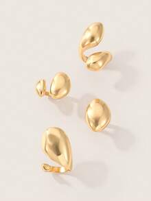 Valisandre 4pcs Retro Punk Geometric Asymmetrical Teardrop Open Ring Set, Minimalist Metal Gold Jewelry - Water Drop Ring Set - View 9