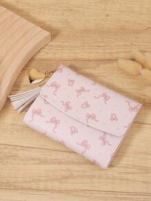 Fashionable Bow Printed Short Wallet, Portable Metal Heart-Shaped Tassel Decoration, Multi Slot Snap Wallet, Suitable For Outdoor And Travel - Pink - View 8