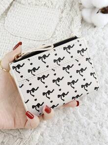Fashionable Bow Printed Women's Credit Card Bag, Zipper Folding Buckle Convenient ID Window ID Bag, Suitable For Outdoor And Travel - Black - View 2