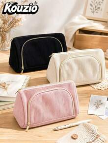 1pc Corduroy Large‑Capacity Pencil Case With Front Zipper Pocket, Soft Portable Multi‑Functional Storage Pouch For Stationery, Cosmetics & Travel Items, Suitable For Teen Girls, Women, Students, School, College, Office And Daily Use - Solid Color Corduroy - View 1