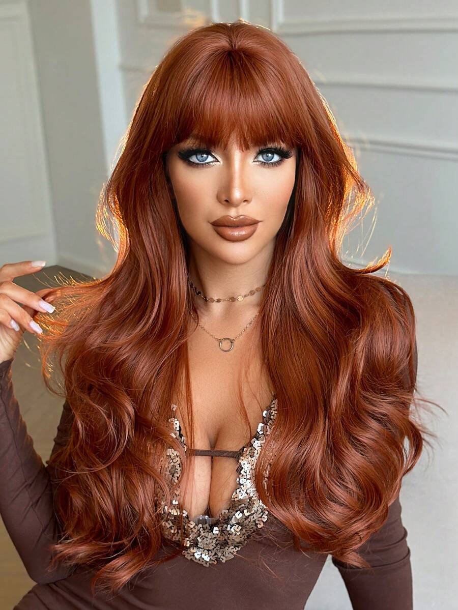 NAMM Ginger Orange Extra Long Wavy Wigs With Curtain Bangs Heat-Resistant Fiber Synthetic Woven Costume Wig For Cosplay Wear, Halloween & Carnival Party Use 28 Inch