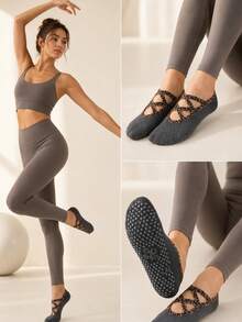 3/6 Pairs Women's Leopard Print Pilates Yoga Grip Socks, Non-Slip Cross-Strap - Multicolor - View 5