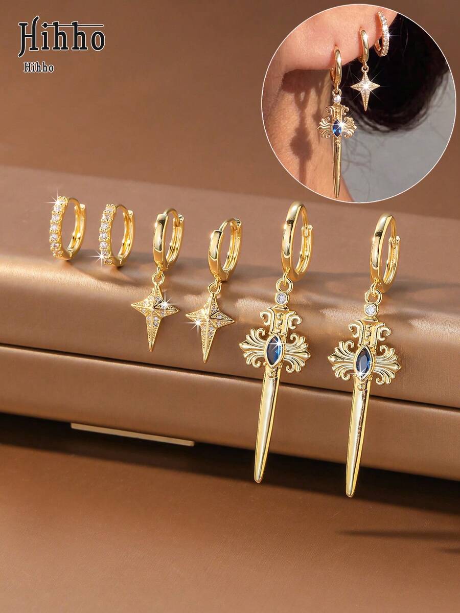 Hihho 3 Pairs Cool Retro Blue & White Zirconia Cross Sword Starburst Pendant Ear Cuffs Set, Women's Daily & Party Earrings - Earrings Set - View 1