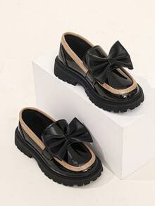 Girls' Shiny Black & Brown Colorblock Loafers, Thick Sole Slip-On Non-Slip Versatile British Style Shoes - Black - View 3