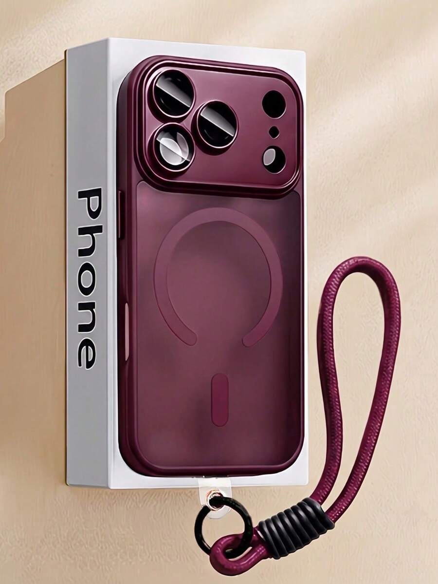 1PC Luxury Minimalist Business Matte Clear Skin Feel Burgundy Red Phone Case + Short Strap Compatible With IPhone 18 17 Pro Max AIR 16 15 14 13 12 11 Pro Max Plus Hard PC Back Cover