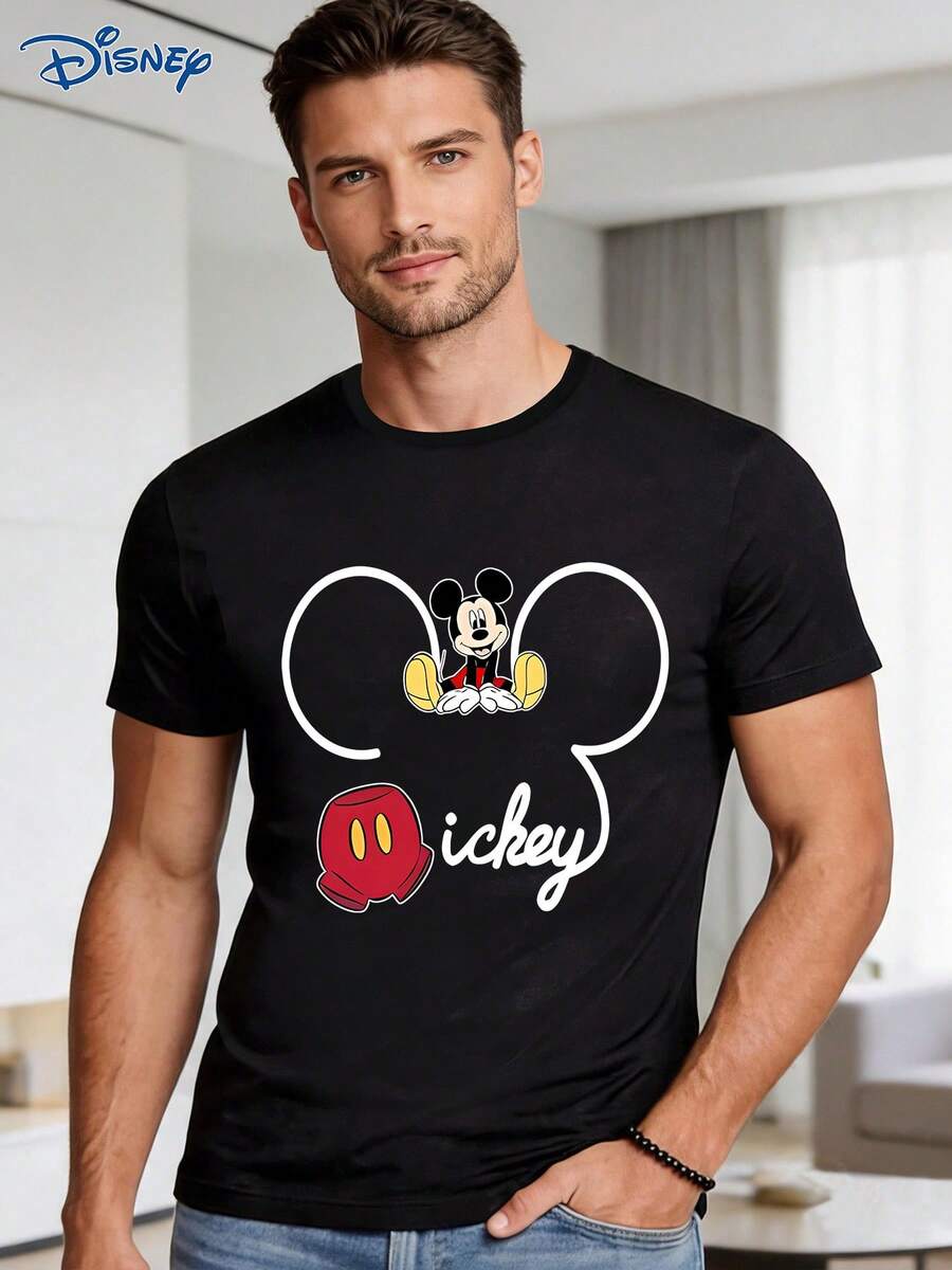 Disney 1pc Men's Short Sleeve T-Shirt, Loose Fit, Mickey Mouse Graphic Print, Round Neck, Slightly Elastic - Black - View 1