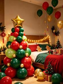 18 Inch Star-Shaped Gold Foil Balloon, 12/10/5 Inch Deep Green/Red/Metallic Gold/Lime Green Balloon Christmas Tree Set, Suitable For Christmas, Birthday, Christmas Tree Theme, New Year's Eve, Bachelor Party Decoration - View 6