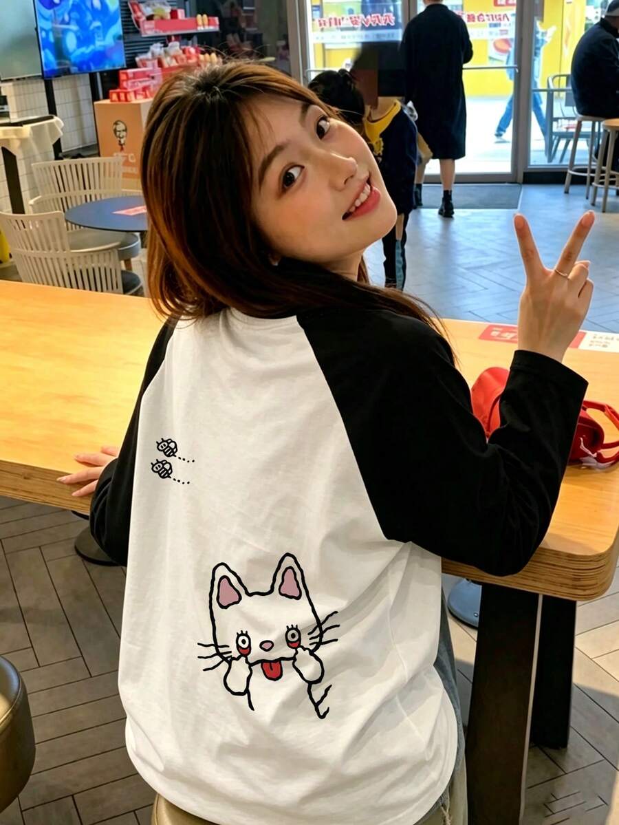 Women's Fashion Autumn Cotton Loose Fit Versatile Cartoon Print Long Sleeve T-Shirt Top - Black and White - View 1